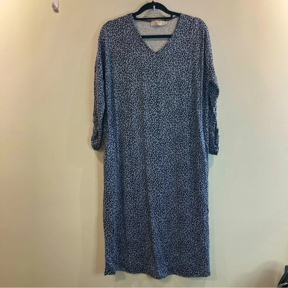 CREAM Sz M Leopard Print Pockets  V-Neck Slits Ruched Sleeves Evening Gown Dress